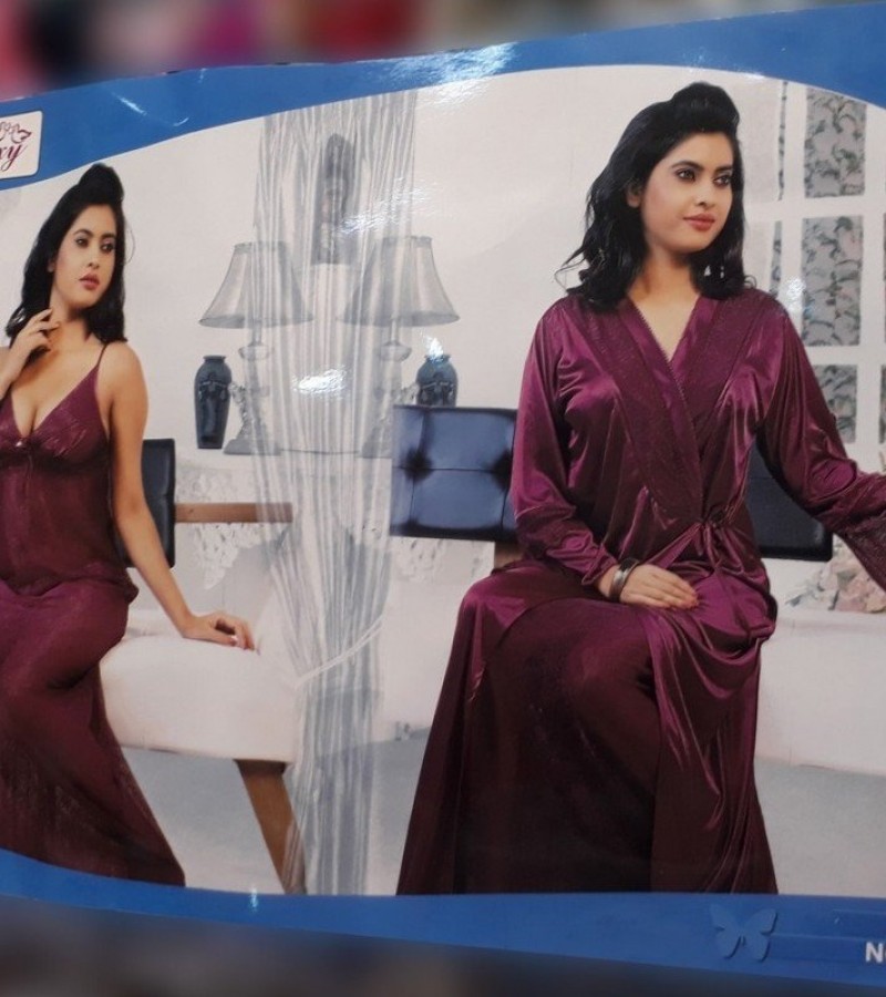 Galaxy Nightwear Silk Nightie and Gown For Women - 2Pcs -Purple