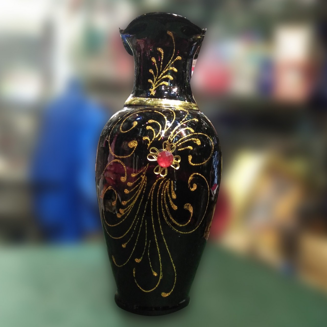 Gold Colour Printed Glass Vase Guldaan For Home Decoration - Black
