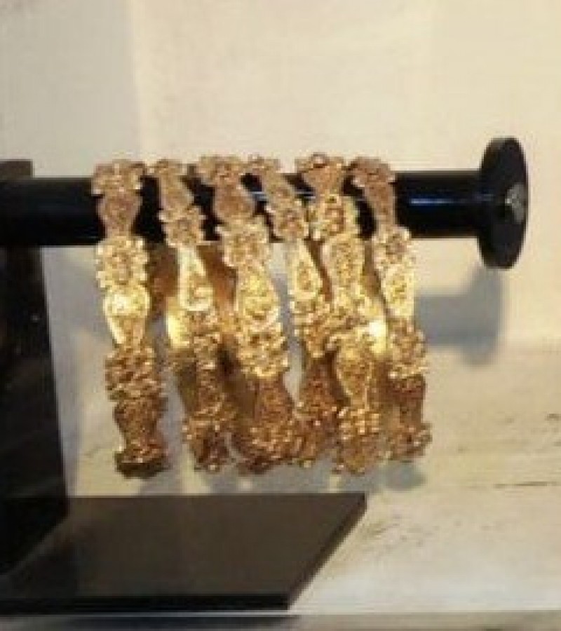 Golden Choker Necklace, Earrings, Bindiya, Jhoomer Jewelry Set & 6 Crystal Bangles - Size-2.4