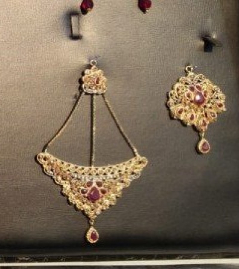 Golden Choker Necklace, Earrings, Bindiya, Jhoomer Jewelry Set & 6 Crystal Bangles - Size-2.4
