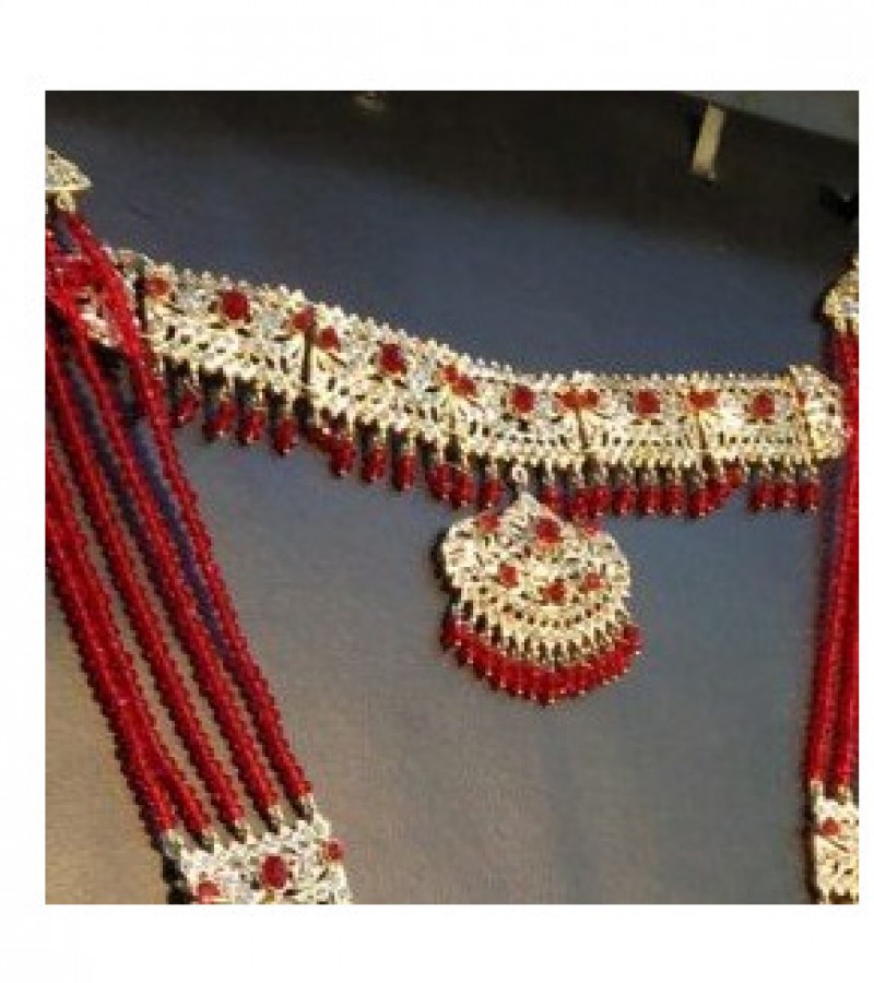 Golden Choker Necklace, Mala, Earrings, Bindiya, Jhoomer Jewelry Set & 6 Crystal Bangles - Size-2.8