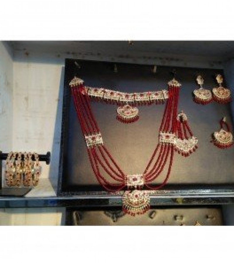 Golden Choker Necklace, Mala, Earrings, Bindiya, Jhoomer Jewelry Set & 6 Crystal Bangles - Size-2.8