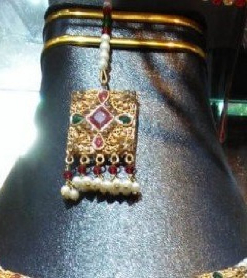 Golden Choker Necklace, Mala, Jhumka & Bindiya Jewelry Set For Women
