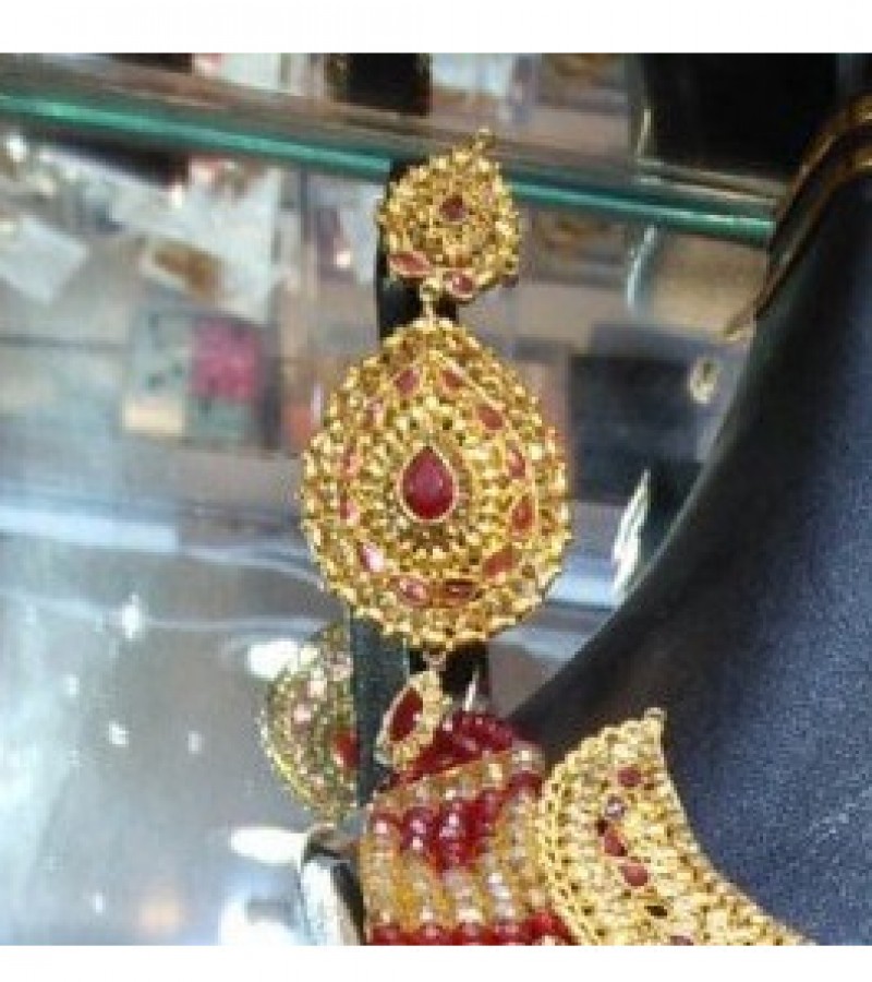 Golden Necklace, Mala, Earrings & Bindiya Jewelry Set For Women