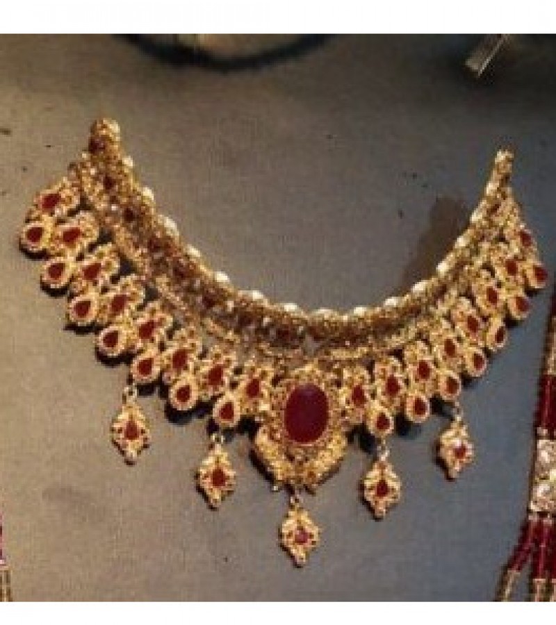 Golden Necklace, Mala, Earrings, Bindiya, Jhoomer Jewelry Set & Crystal Bangles - Size-2.5