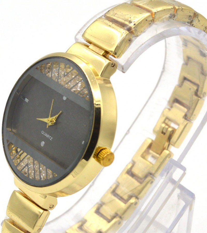Golden Strap & Black Dial Watch For Girls
