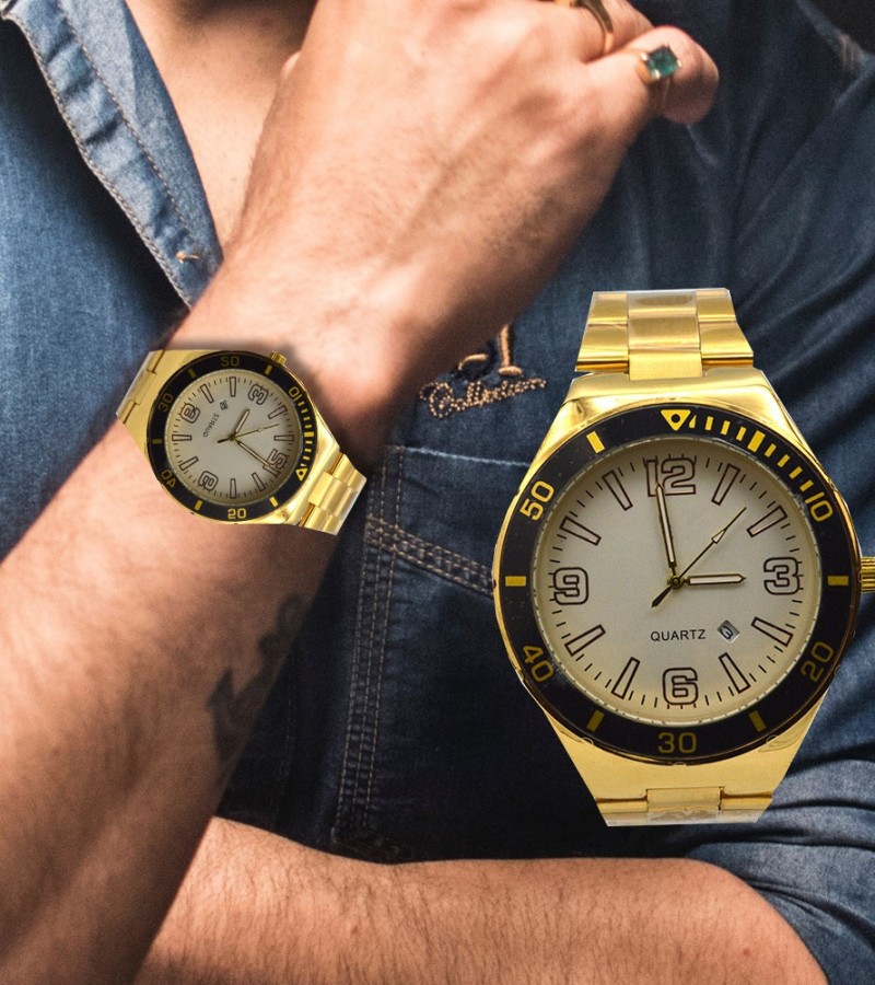 Golden Strap & White Dial Watch For Men