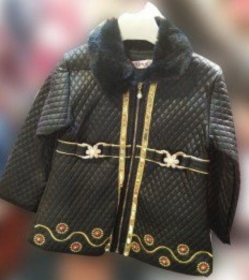 Golden Stripe Leather Jacket For Girls - 2 To 5 Years