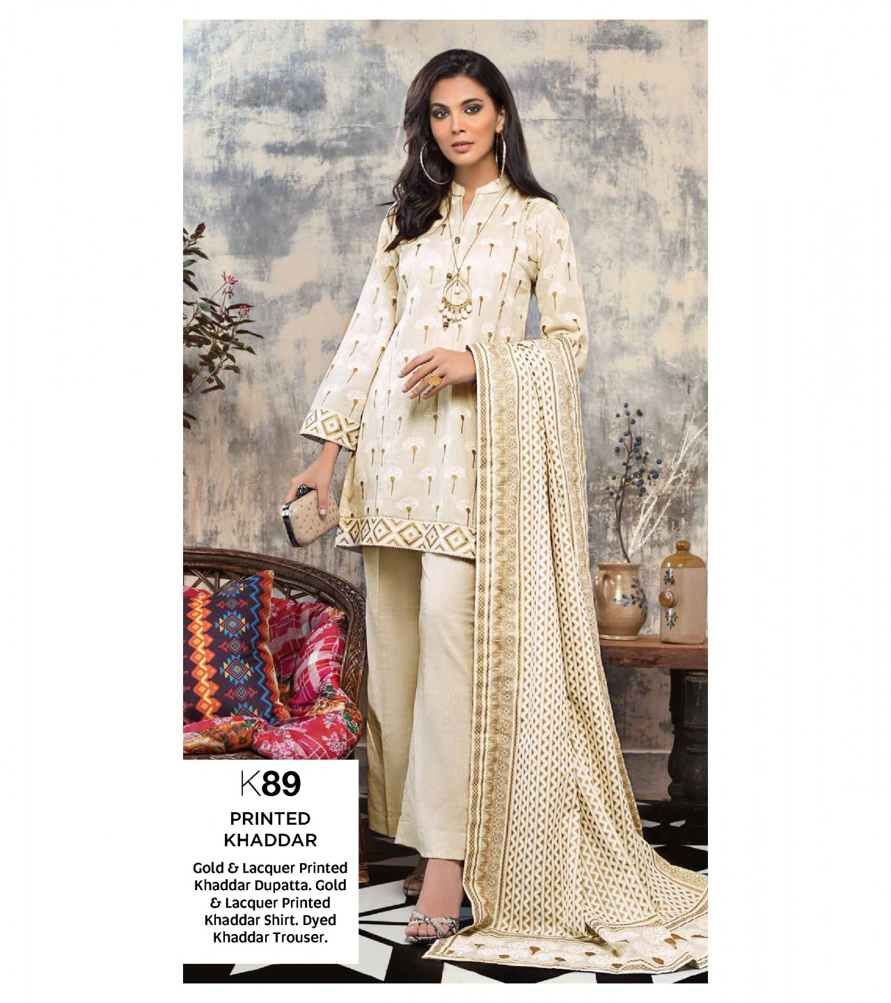 Gul Ahmed 3 PC Unstitched Gold Lacquer Printed Khaddar Suit K-89