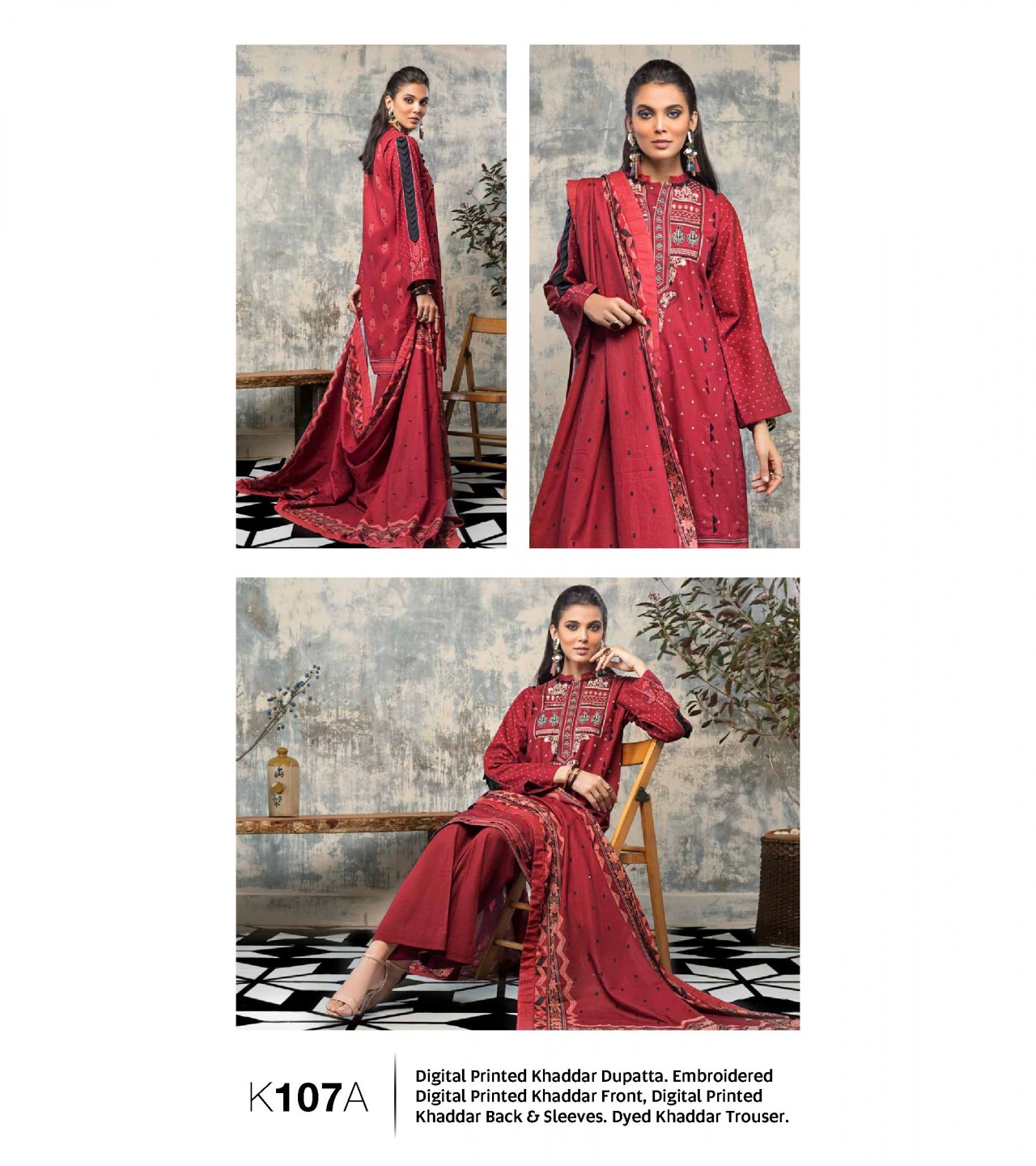 Gul Ahmed 3 PC Unstitched Khaddar Embroidered Suit K-107 A
