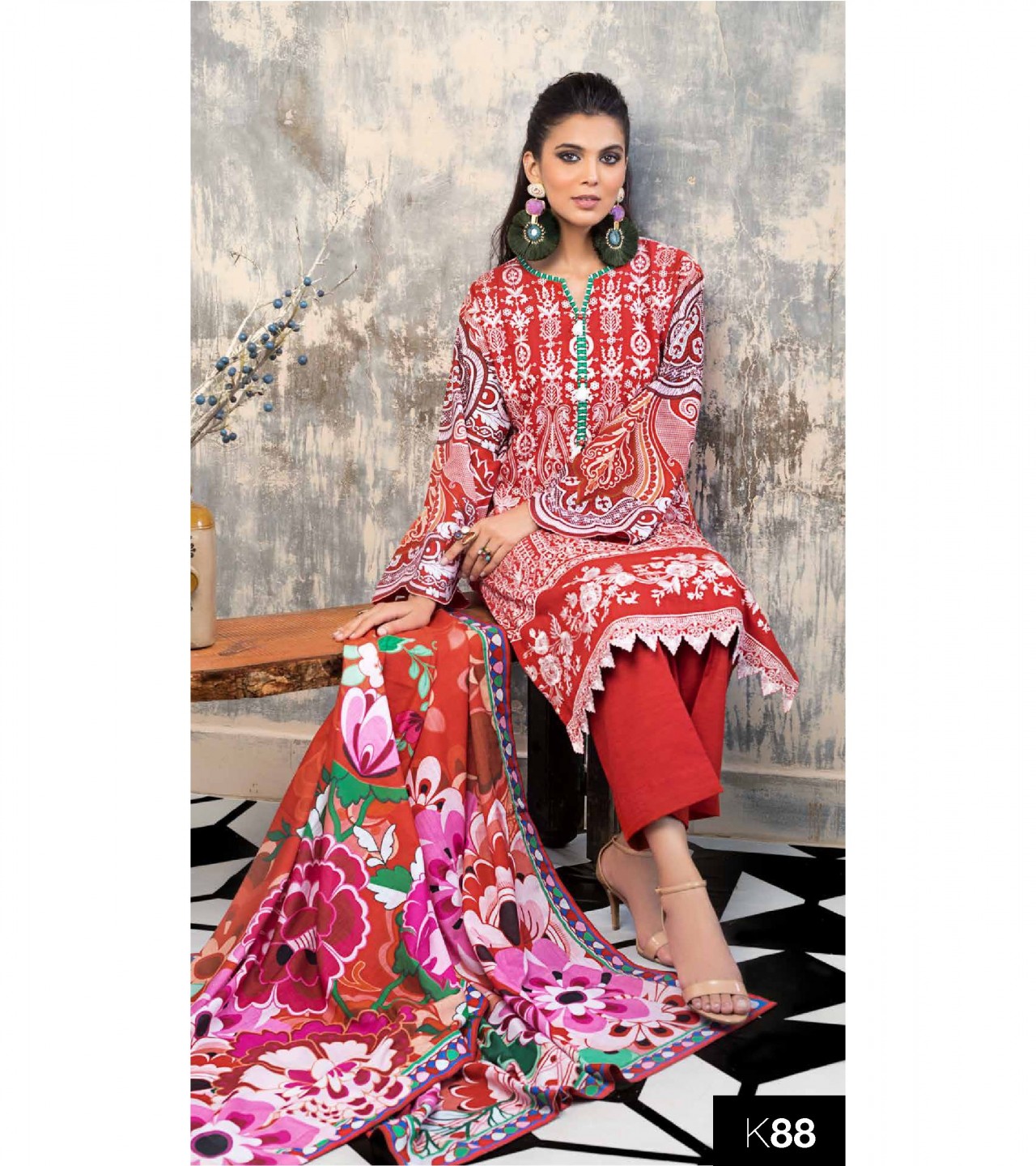 Gul Ahmed 3 PC Unstitched Khaddar Embroidered Suit K-88