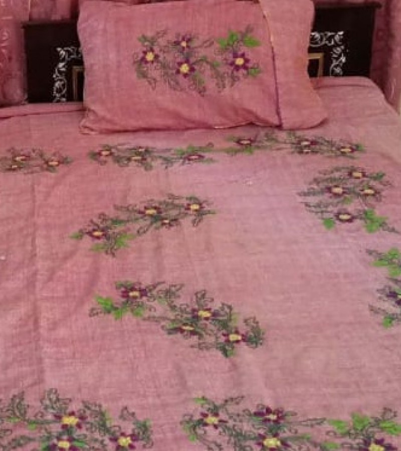 Handmade Pink Embroided Khaddar Bedsheet
