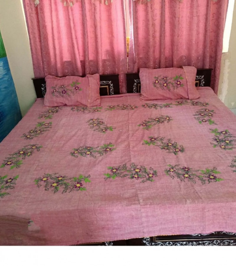 Handmade Pink Embroided Khaddar Bedsheet