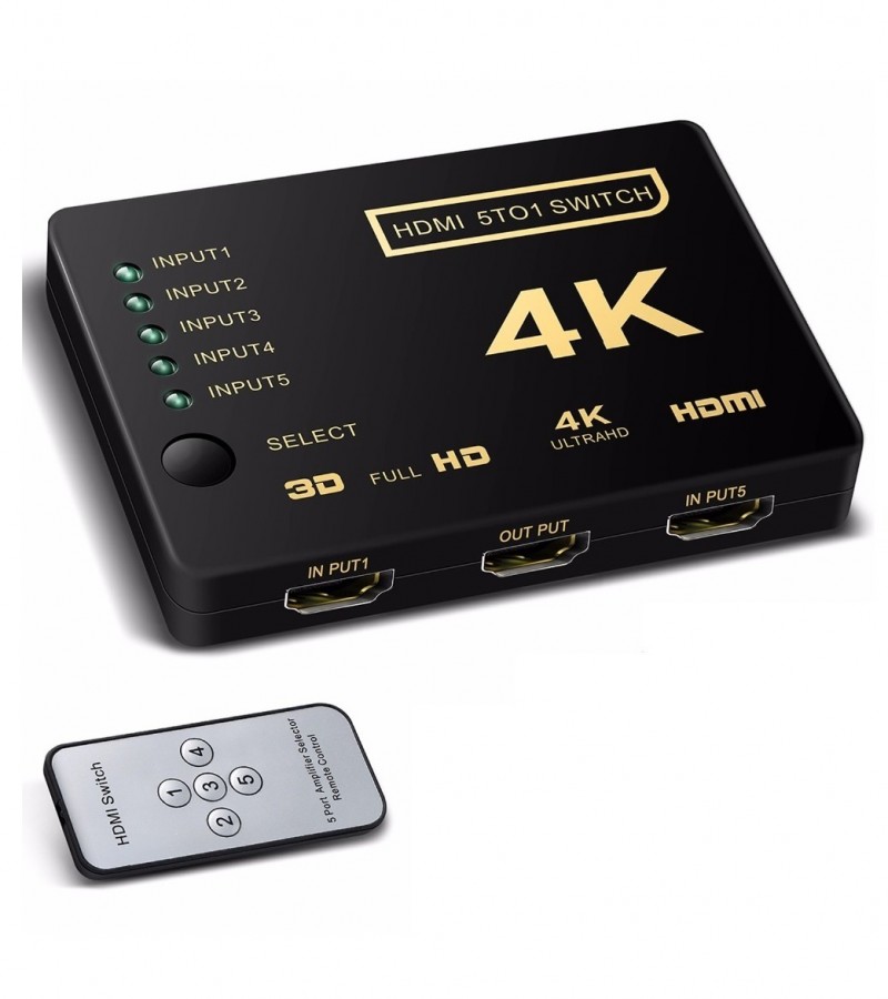HDMI Switch 5 Port 2K 4K 5 Input 1 Output with Remote Control (No Adapter Inside)