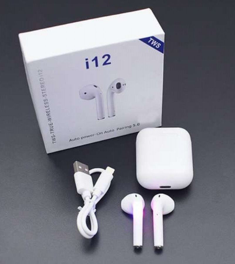 i12 Airpods with Charging Case (White) - Sensor Touch i12 Wireless Airpods