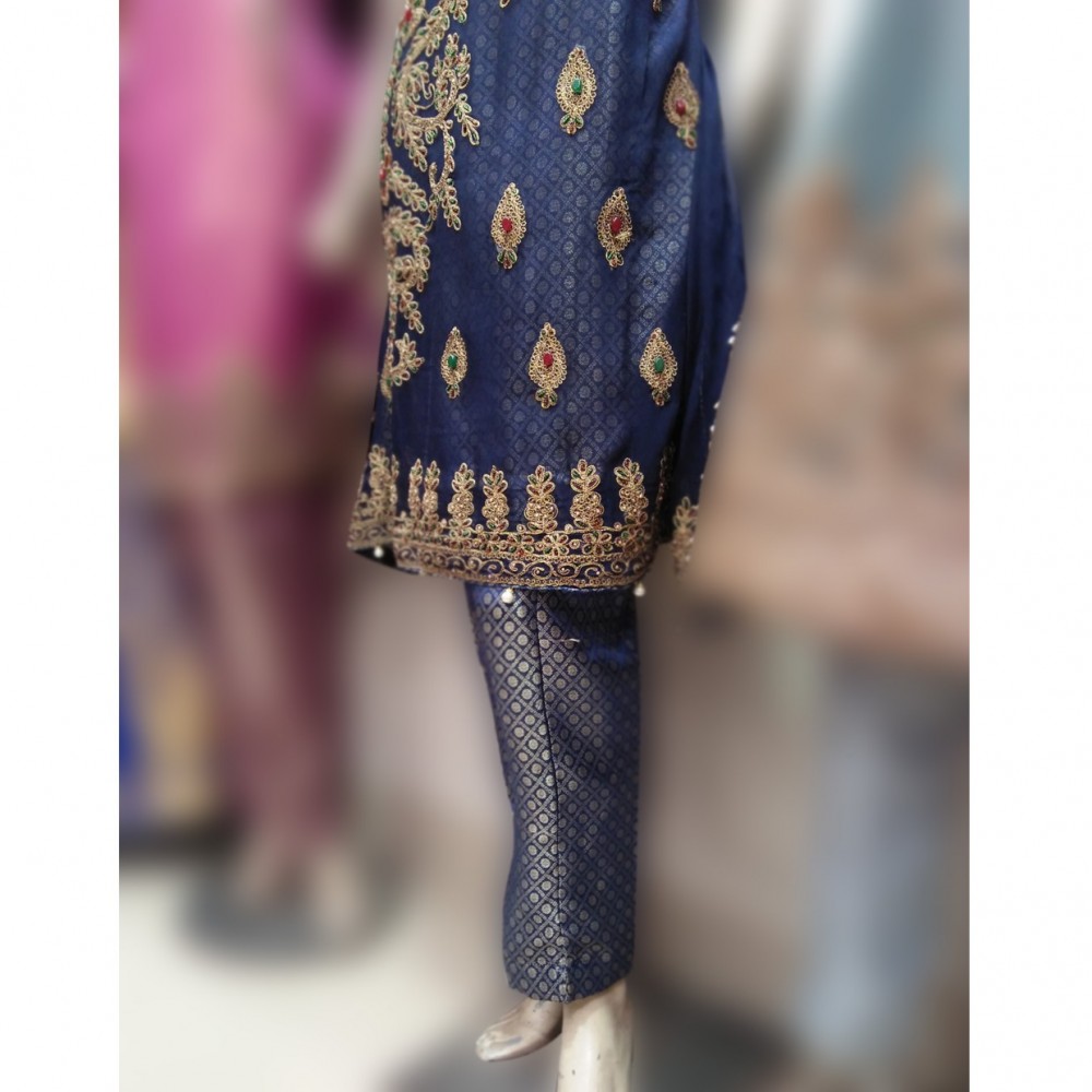 Imperial Sleeveless Dori Design Shalwar Kameez For Girls - Blue - Medium/Large