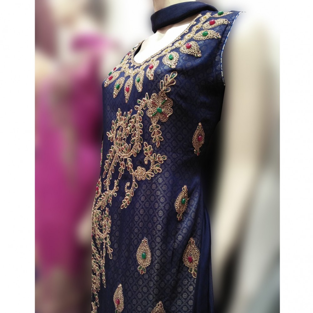 Imperial Sleeveless Dori Design Shalwar Kameez For Girls - Blue - Medium/Large