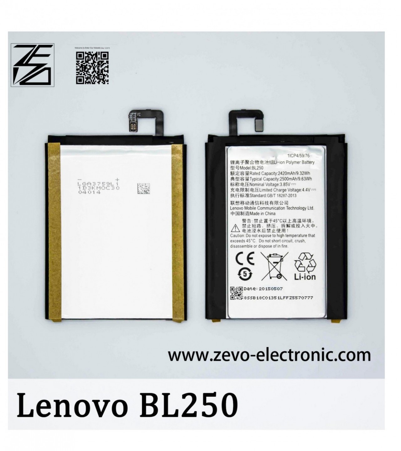 Lenovo BL250 battery For Lenovo Vibe S1 with 2500 mAh Capacity- Black