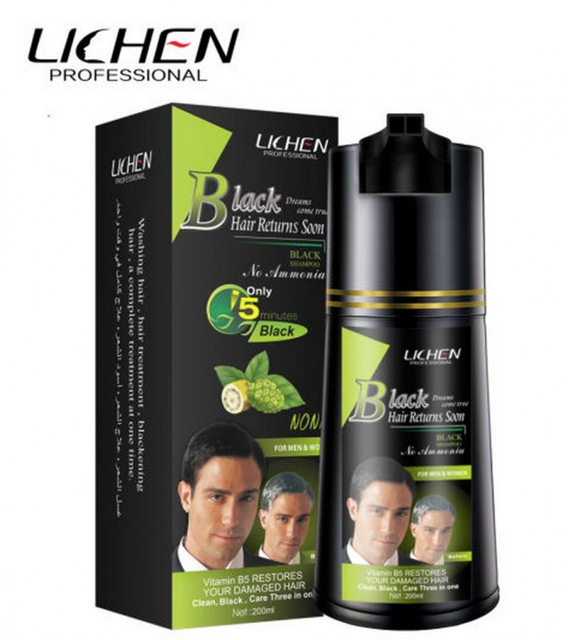 Lichen Black Hair Color dye Shampoo Only 5min Black Hair Returns Soon 200 ML