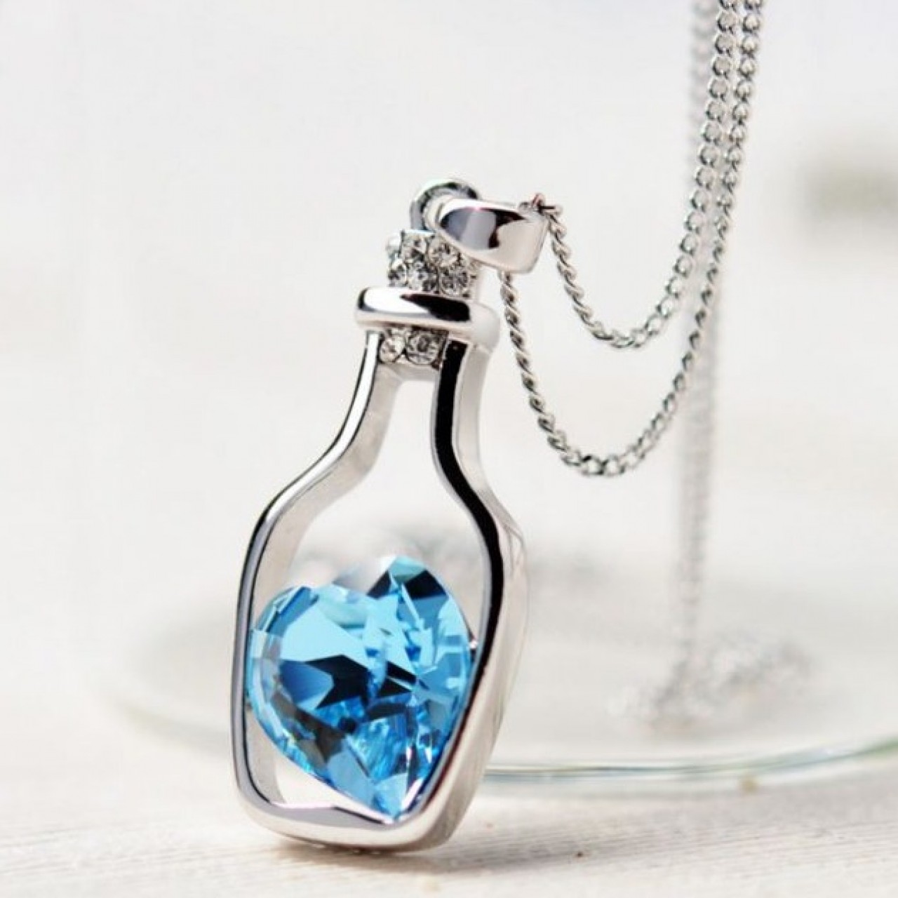 Love Bottle Blue Heart Crystal Pendant