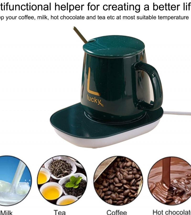 Lucky Coffee Cup Warmer Heating Cup Pad Ceramics Mug Mat Tea Coffee Heater with Cup Spoon