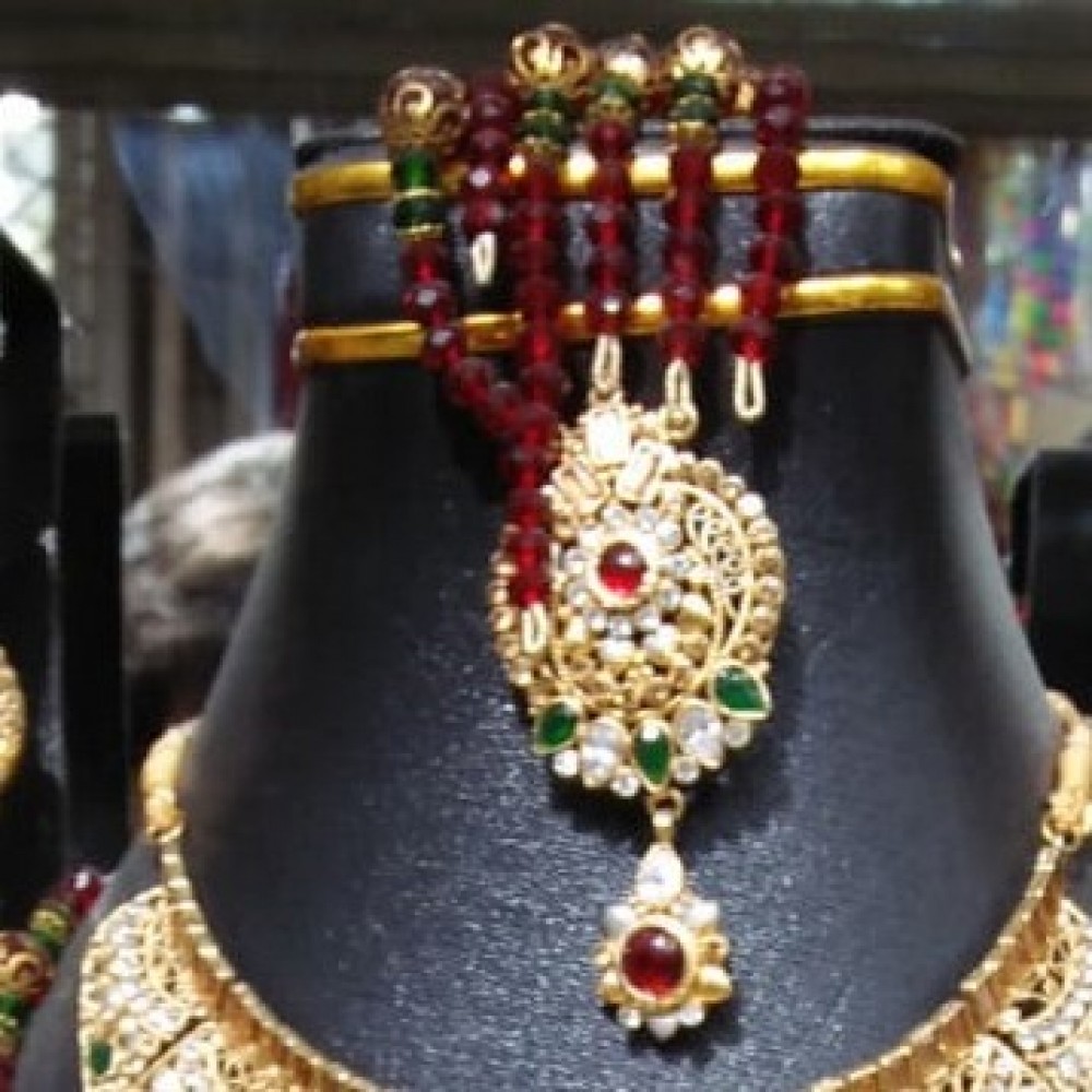 Maroon & Golden Mala, Necklace, Jhumka & Matha Pati Jewelry Set For Women - Casting Material