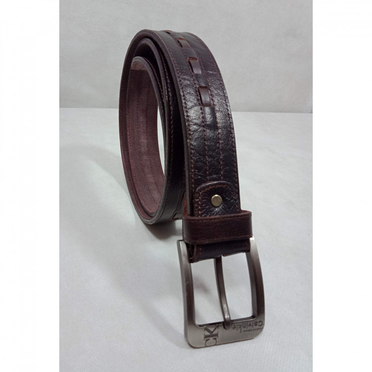 Men Burgundy Genuine Leather Stitch Style Belt