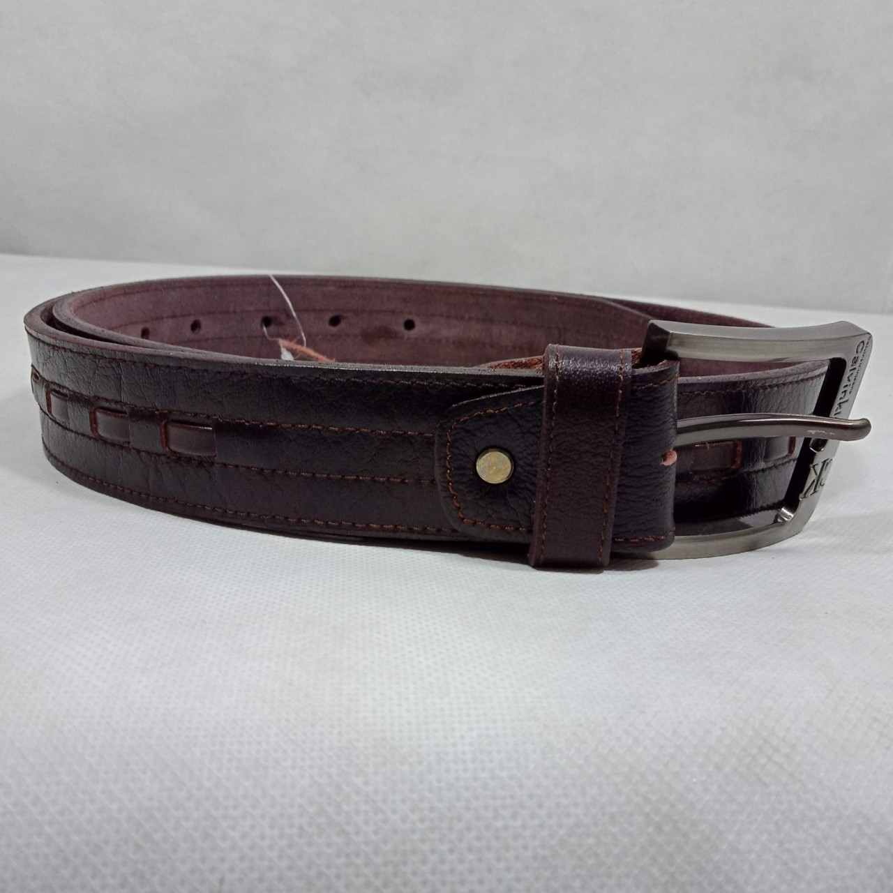 Men Burgundy Genuine Leather Stitch Style Belt