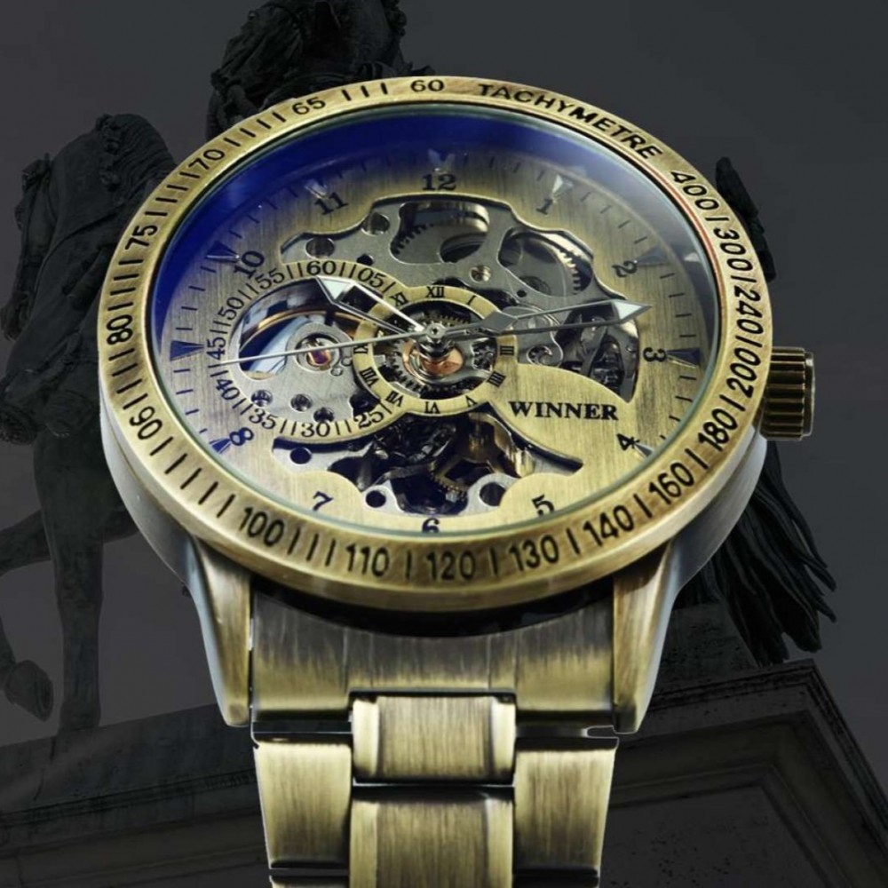 Military Watch Men Auto Mechanical Skeleton Dial Copper Stainless Steel Strap Mens Watches Top Brand