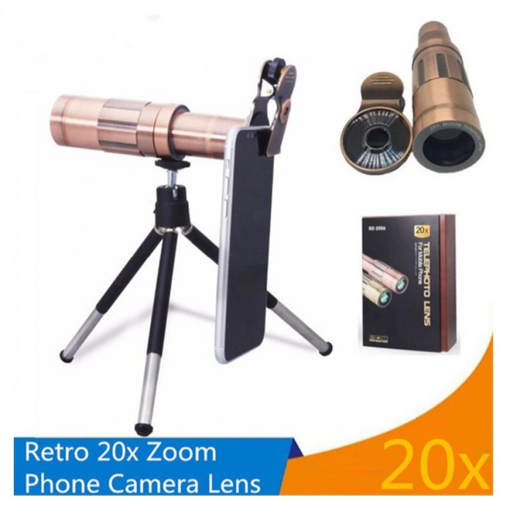 Mobile Phone Optical Telescope Camera Lens Tripod Stand & Clip - x20 Zoom