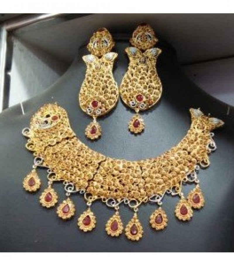 Neckless & Earrings Jewelry Set With Red Gemstones For Women - Casting Material