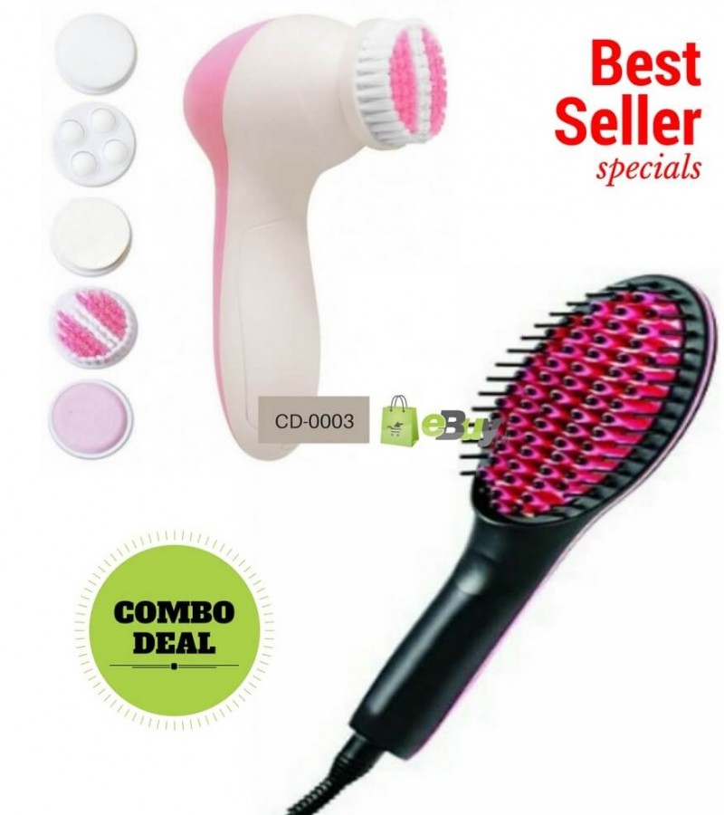 Pack of 2 - Fast Hair Straightener Brush & 5 in 1 Face Massager - Pink & White