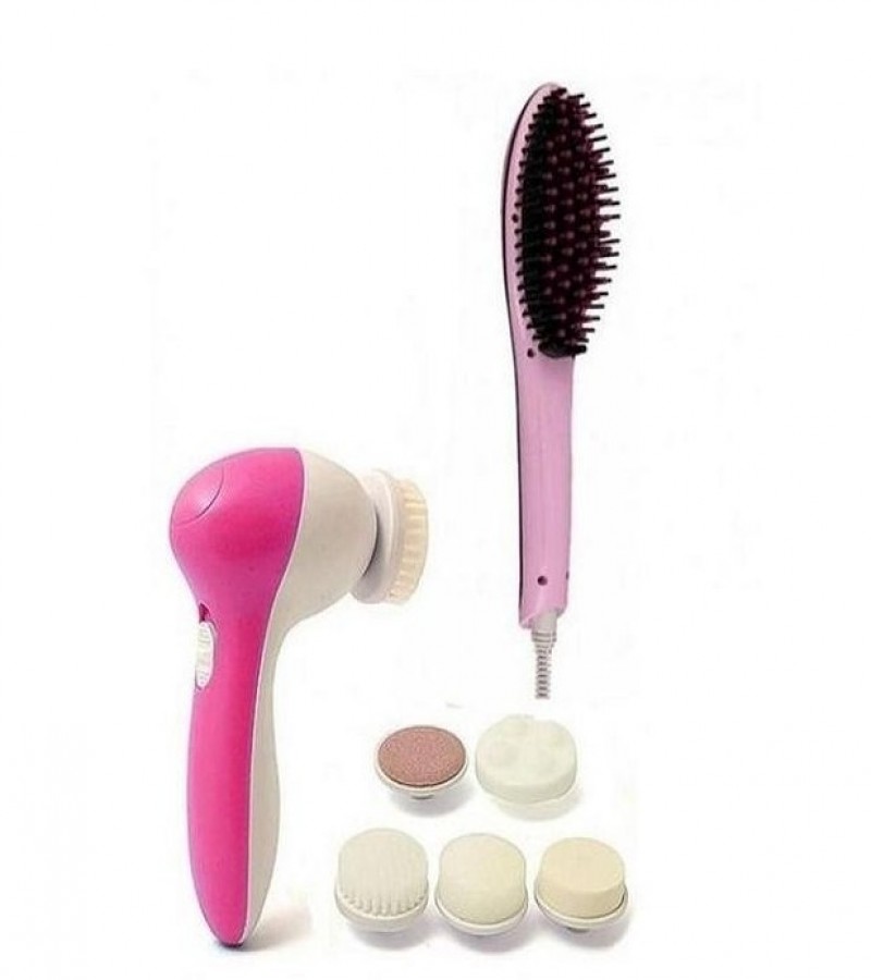 Pack of 2 - Fast Hair Straightener Brush & 5 in 1 Face Massager - Pink & White
