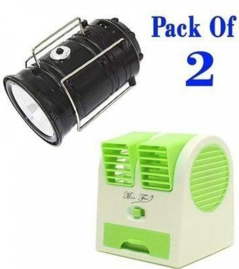 Pack Of 2- Solar Rechargeable Camping Lantern Light & Usb Mini Fan