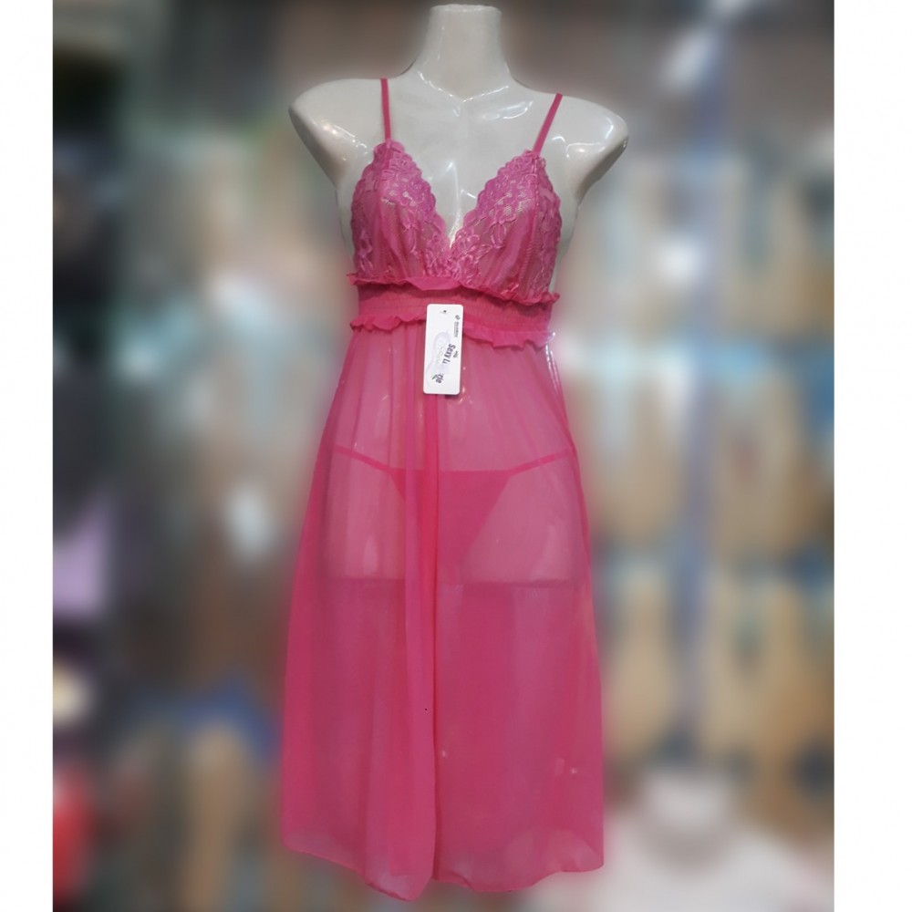 Pink Net Short Nighty, & G-String Pantie for Women - Pink - Regular Size