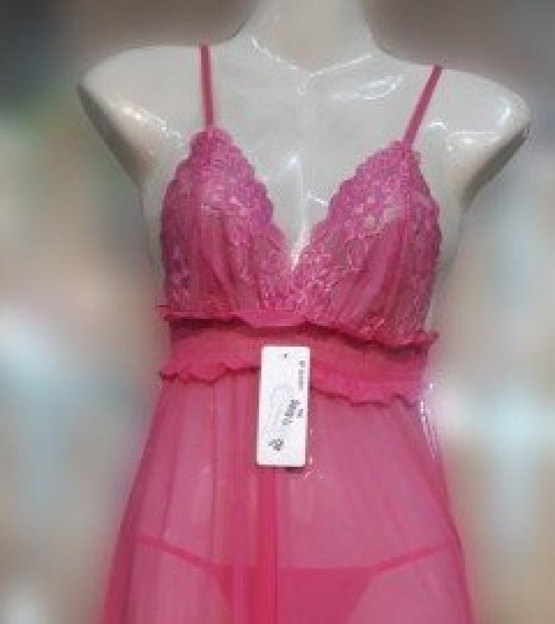 Pink Net Short Nighty, & G-String Pantie for Women - Pink - Regular Size