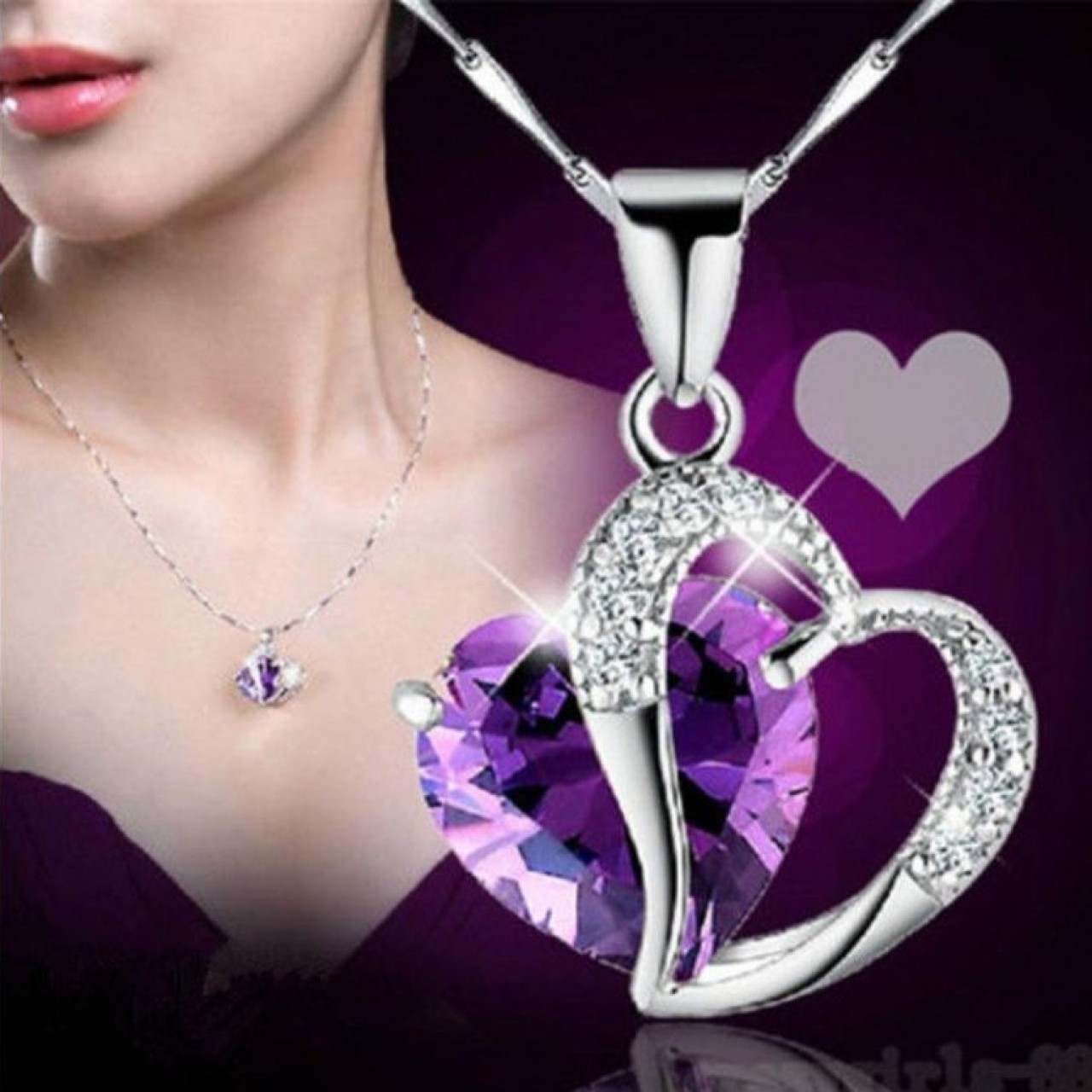 Purple Heart Rhinestone Necklace For Girls