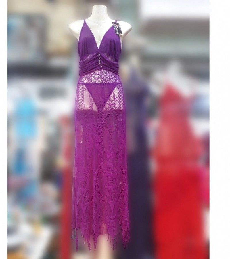 Purple Net Long Nightie, & G-String Pantie for Women - Purple - Regular Size