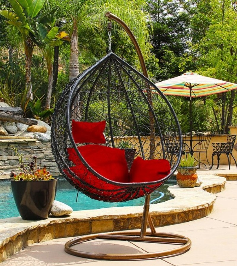 Quince Egg Hanging Swing Chair With Cushion And Stand - Jhoola Rattan Patio Swing Jhula