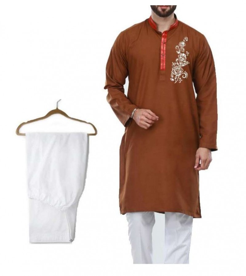 Ready Made Designer Chest Flower Printed Brown Wash and Wear Kurta and 1 White Shalwar For Men