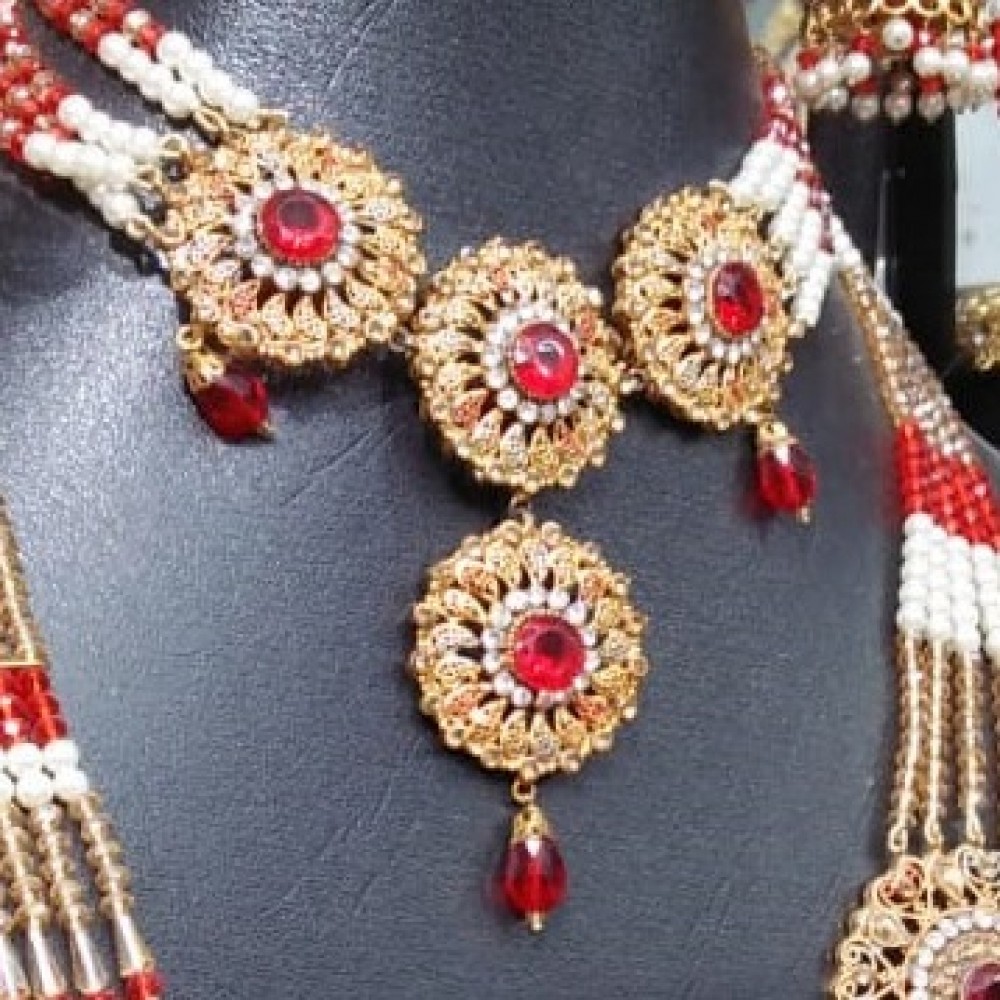 Red & Golden Mala, Choker Necklace, Jhumki & Matha Pati Jewelry Set For Women - Casting Material