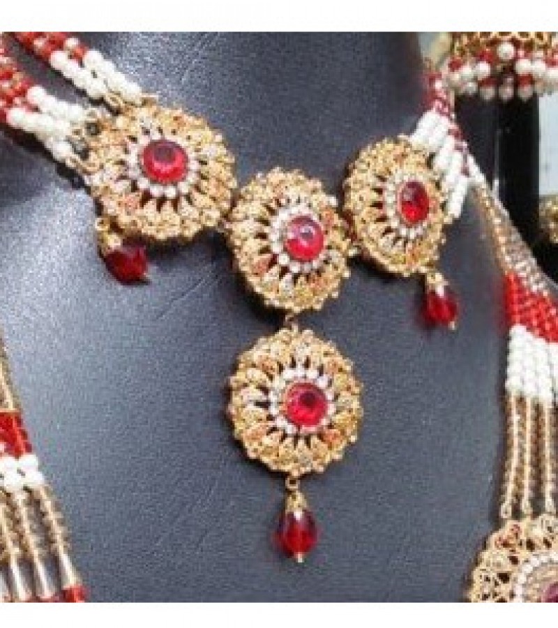 Red & Golden Mala, Choker Necklace, Jhumki & Matha Pati Jewelry Set For Women - Casting Material