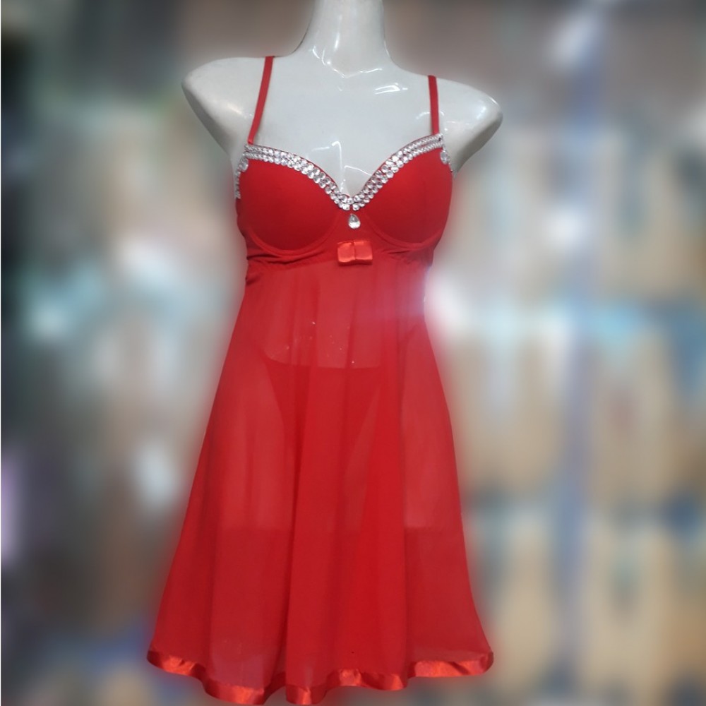 Red Net Long Nighty, Bra & G-String Pantie for Women - Red - Regular Size