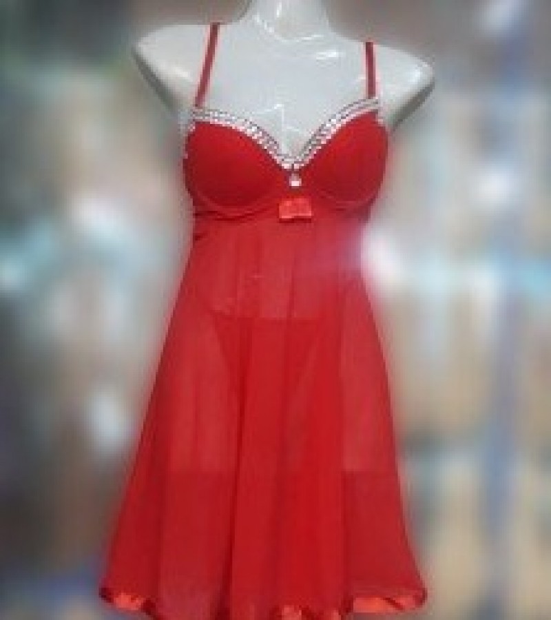 Red Net Long Nighty, Bra & G-String Pantie for Women - Red - Regular Size