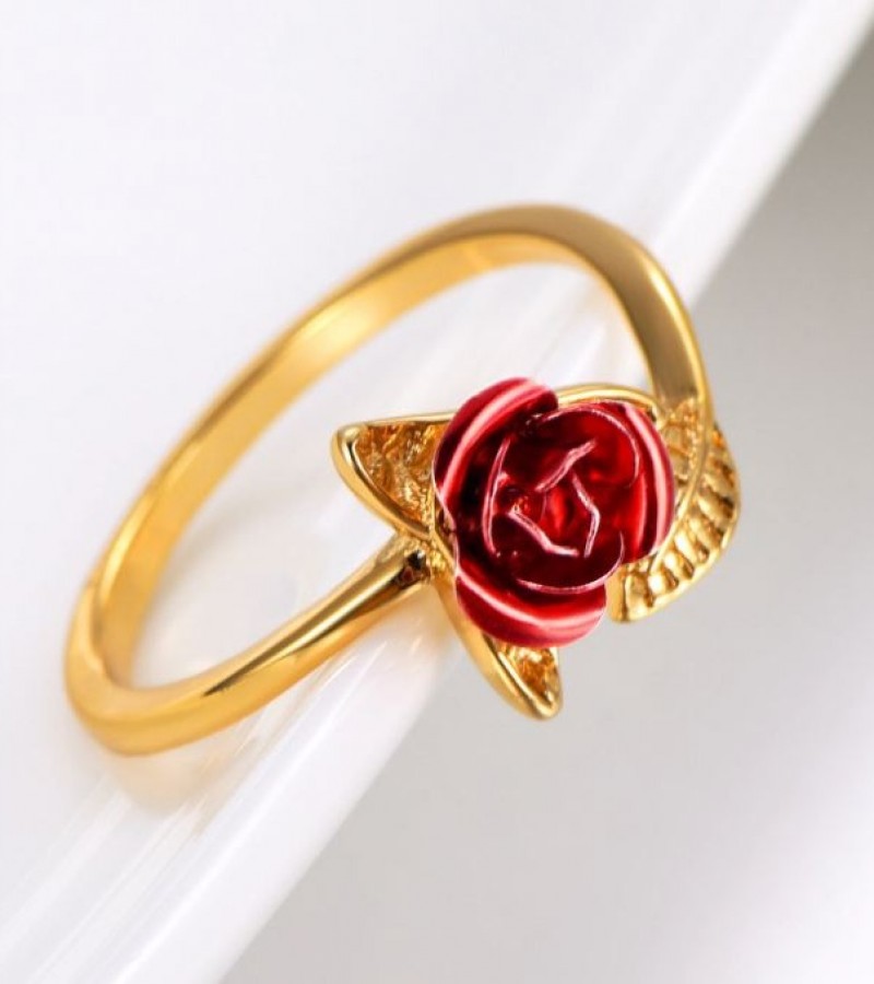Red Rose Flower Leaves Resizable Ring
