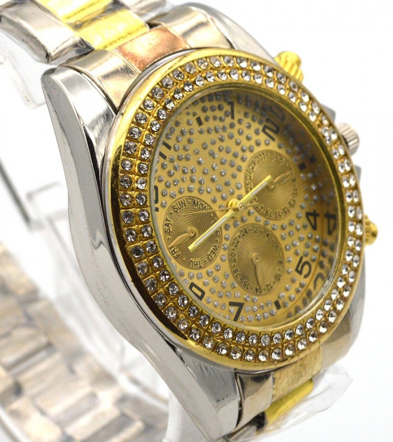 Silver Dial With Gold Stones Watch For Men