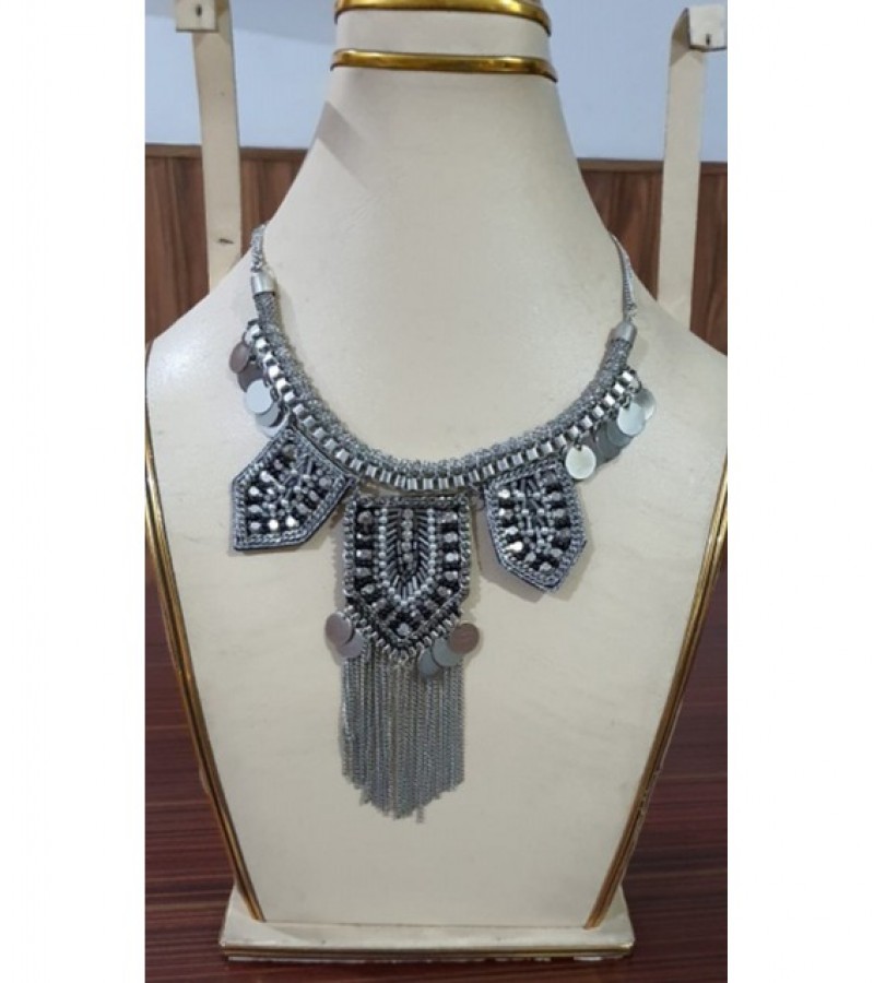 Turkish Style, Silver Necklace With Coin And Chain And Pearl