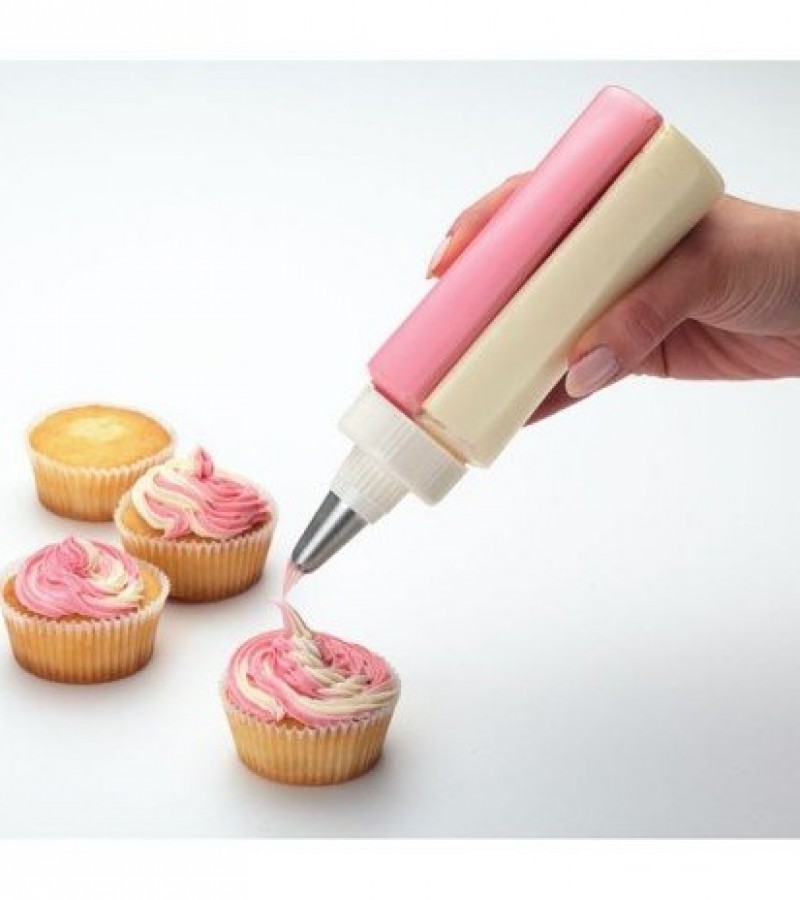 2in1 Twin Double Cake Decorating Icing Bottle Pen Tool with Stainless Steel Round Nozzle