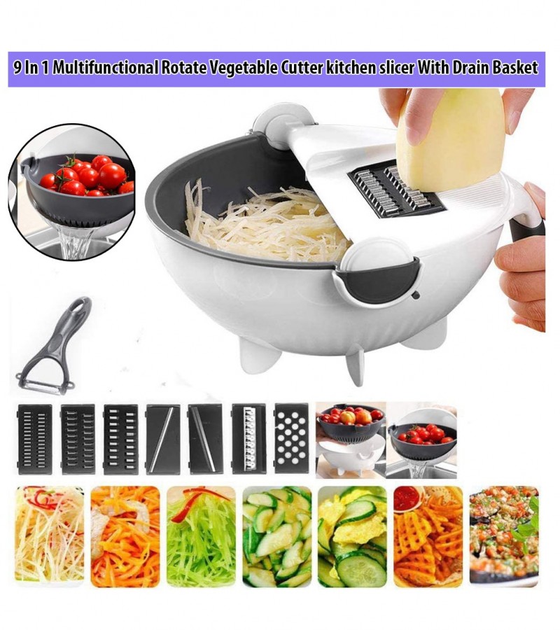 9 in 1 Multifunctional Rotating Vegetable Cutter Kitchen Slicer with Drain Basket