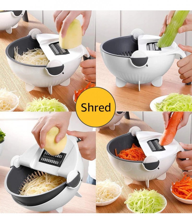 9 in 1 Multifunctional Rotating Vegetable Cutter Kitchen Slicer with Drain Basket